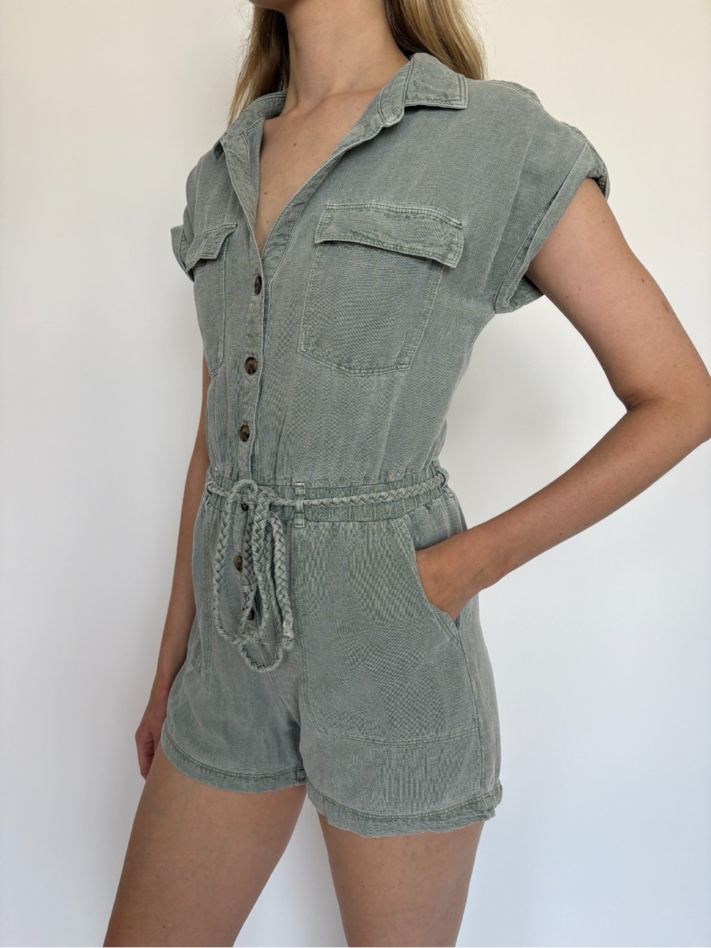 Nicole Miller Washed Green Short Sleeve Romper